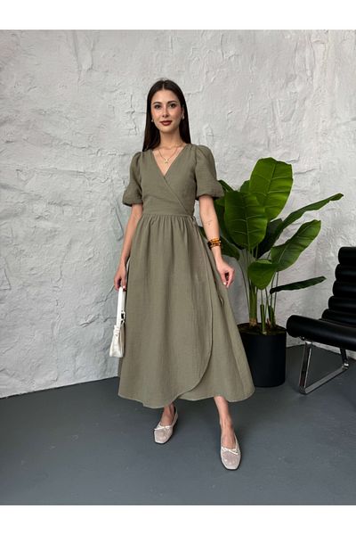 Elif Özbey Butik Χακί Φόρεμα Μουσελίνας με Πλαϊνή Κορδέλα