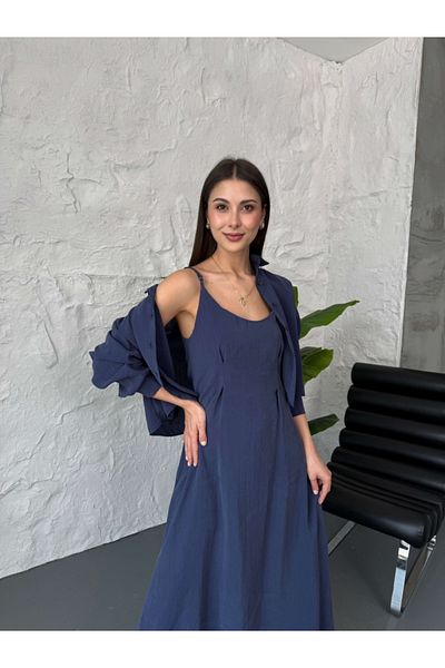 Elif Özbey Butik Set cămașă rochie cu bretele bleumarin