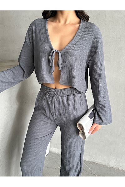 New Lune Women's Clothing Wrinkle Fabric Tie-Up Crop-Pants Set, Bottom Top Set, Two-Piece Set