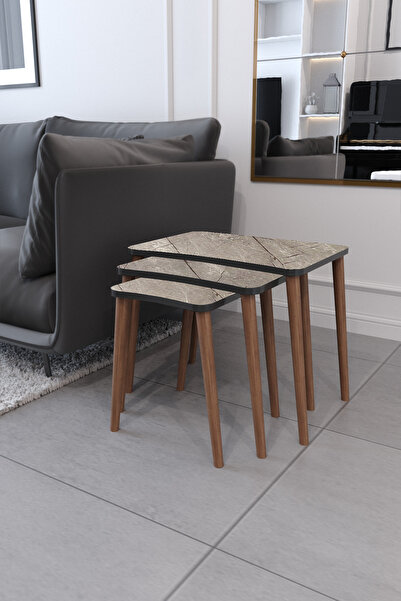 Zuesse Dizayn Zigon Sehpa & Yan Sehpa 3'lü Ahşap Ayaklı Salon Seti Sehpa - Go...