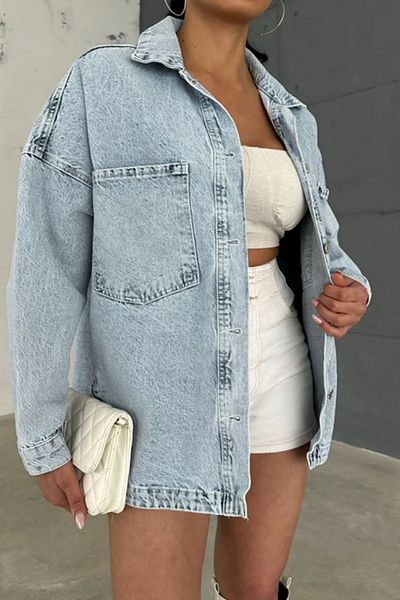 butiksinope Jachetă de blugi oversize pentru femei Ast 491 cu buzunar albastru