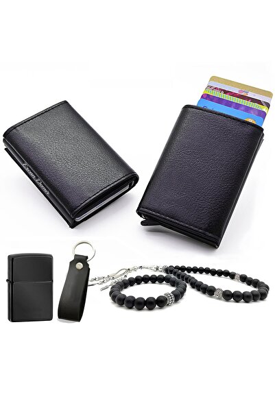 Mechanism Men's Card Holder Onyx Stone Rosary Bracelet Lighter Keychain Set