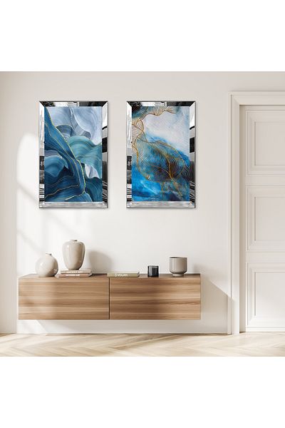 Zevahir Mobilya Dekorasyon SET DE MASA MDF DUBLA CU CADRU DE PLEXY CU OGLINDA SILVER, MODEL ALBASTRU SI ABSTRACT