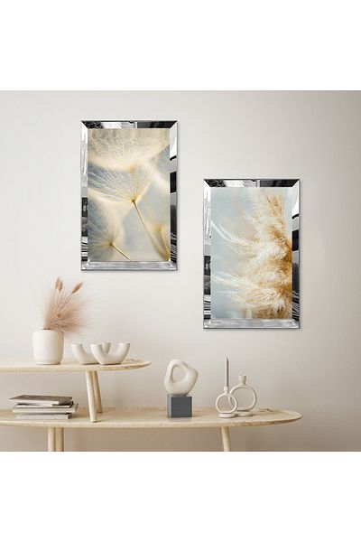 Zevahir Mobilya Dekorasyon SET DE MASA MODERN BILATERAL MDF CU CADRU DE PLEXY CU OGLINDA SILVER FLOARE DESICATA FOND GRI