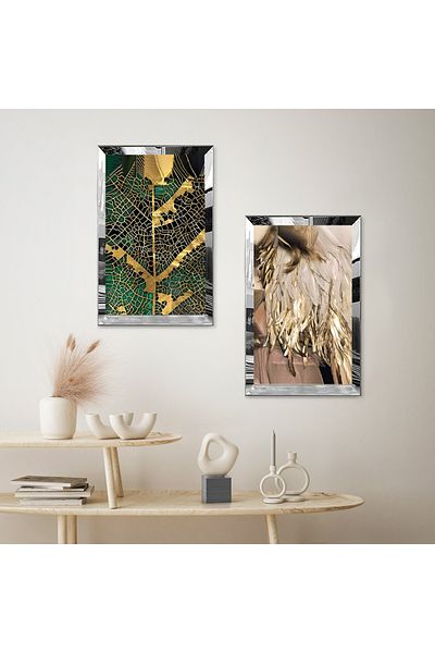 Zevahir Mobilya Dekorasyon SET DE MASA MDF DUAL CU CADRU DE PLEXY CU OGLINDA SILVER CU MODEL AUR ABSTRACT