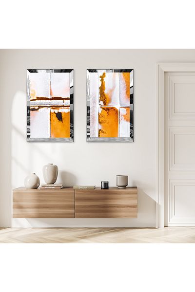 Zevahir Mobilya Dekorasyon SET DE MASA MDF DUBLA CU CADRU DE PLEXY CU OGLINDA SILVER FOND ALB MODELE MODERNE ORANGE ABSTRACTE