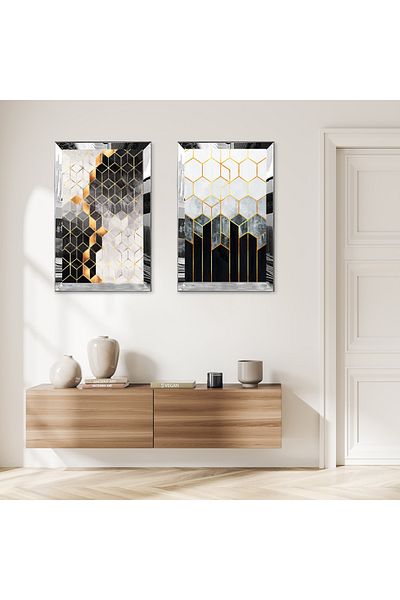 Zevahir Mobilya Dekorasyon MODELE ABSTRACTE CULORI CU CADRU DE PLEXY CU OGLINDA ARGINTIE SET DE MASA MODERN BILATERAL MDF