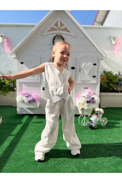 Sipsirin Linen Cotton Lurex Girl's Suit – Flared Trousers & Buttoned Vest – Natural Fabric Summer