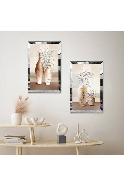 Zevahir Mobilya Dekorasyon VAZOANE DE CREAM CULOARE CU CADRU DE PLEXY CU OGLINDA DE ARGINT SET DE MASA MDF DUBLA