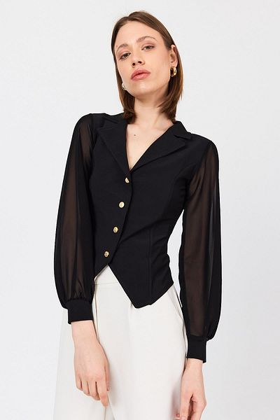 Rays Black Double Breasted Collar Buttoned Pencil Shirt 9476