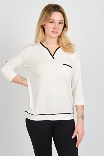 Sistas Women's Three Quarter Sleeve V Neck Single Pocket Blouse 4028 Ecru