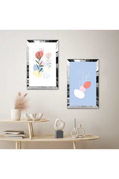 Zevahir Mobilya Dekorasyon SET DE PENTRU TABLĂ MDF DUALĂ DECORATIVĂ PLANTE ABSTRACTE CU CADRU DE PLEXY CU OGLINDĂ DE ARGINTI, FOND ALB ALB