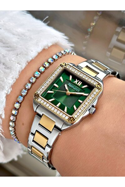 Ferrucci Ferrucci̇ Square Stone Green Dial Gold Silver Metal Woman Wristwatch