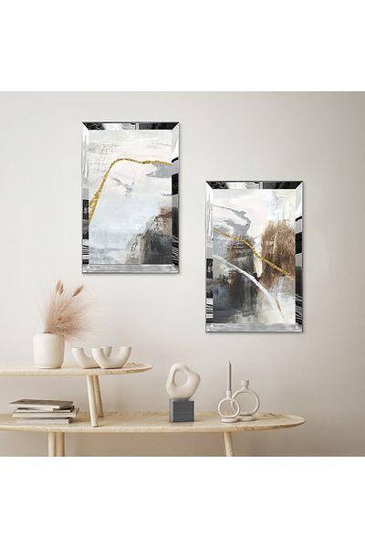 Zevahir Mobilya Dekorasyon SET DE MASA MODERNA DUBLA MDF CU CADRU PLEXY CU OGLINDA SILVER, FOND ALB, MODEL NEGRU SI AUR
