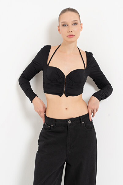 Kikiriki Siyah Uzun Kollu Biye Bağlamalı Tül Büstiyer