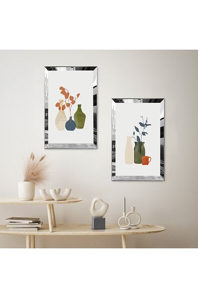Zevahir Mobilya Dekorasyon VASE COLORATE CU CADRU DE PLEXY CU OGLINDA SILVER FOND ALB SET DE MASA MDF DUBLA