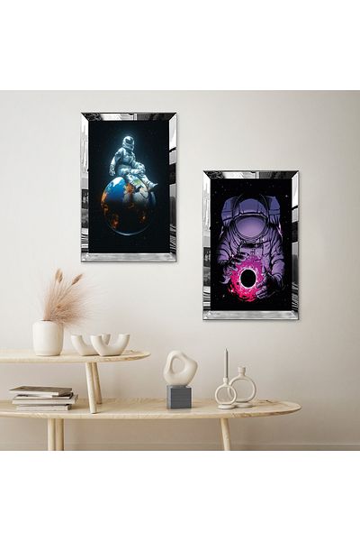 Zevahir Mobilya Dekorasyon SET DE MASA MODERNĂ BILATERALĂ MDF ASTRONAUT CU CADRU DE PLEXY CU Oglindă SILVER