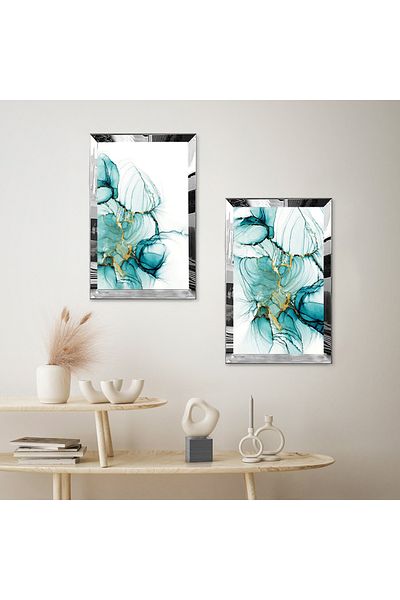 Zevahir Mobilya Dekorasyon SET DE MASA MDF DUBLA DECORATIV DE MASA MODERN VERDE APA CU CADRU DE PLEXY CU OGLINDA SILVER