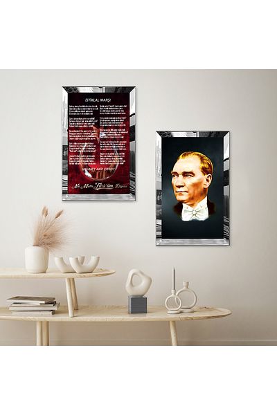 Zevahir Mobilya Dekorasyon SET DE MASA DECORATIVA DUBLA MDF ISTIKLAL MARŞI ȘI ATATURK CU CADRU DE PLEXY CU OGLINDĂ DE ARGINT
