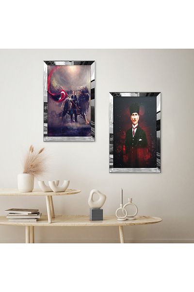 Zevahir Mobilya Dekorasyon SET DE MASA MDF DUBLA ATATURK CU CADRU DE PLEXY CU OGLINDA ARGINTIE