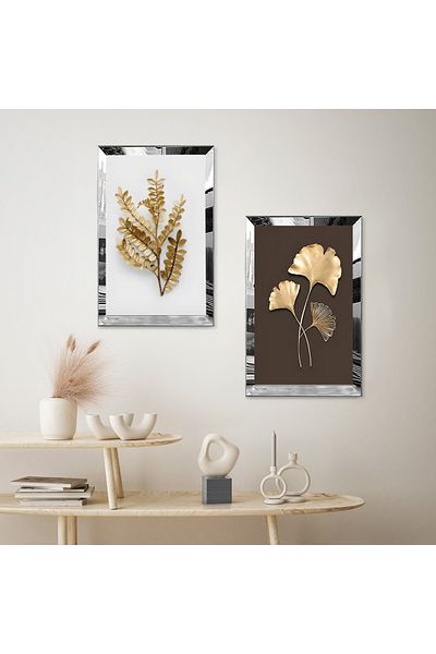 Zevahir Mobilya Dekorasyon SET DE MASA DECORATIVA BILATERALA MDF CU CADRU DE PLEXY CU OGLINDA ARGINTIE FLOARE DESICATA DE AUR