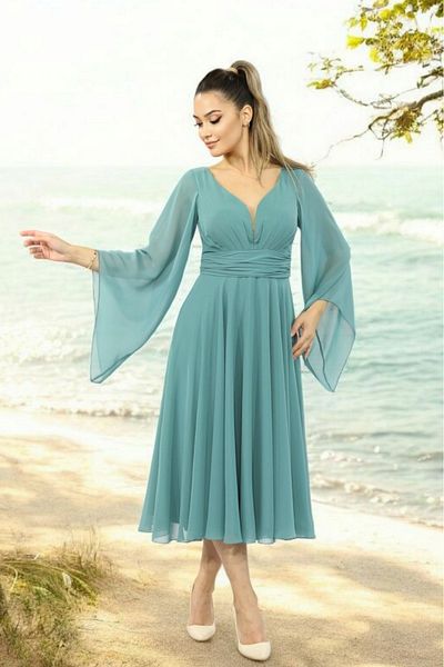 FaBe Fashion Long Flounce Sleeve Heart Neck Waist Shirred Midi White Chiffon Dress Wedding-Engagement-Promise-Outdoor Shooting