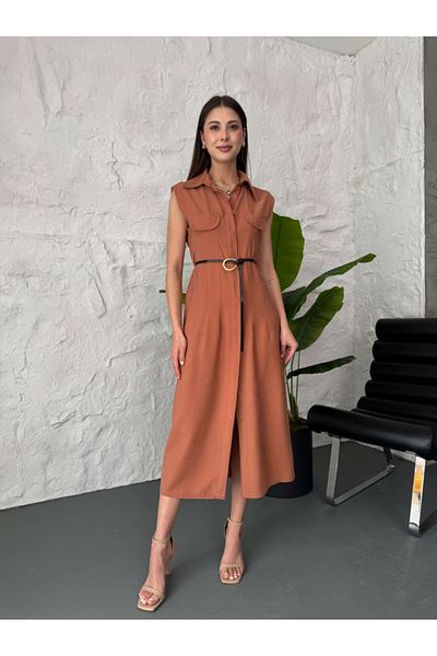 Elif Özbey Butik Φόρεμα με μηδενικό μανίκι με λεπτομέρεια τσέπης από πλακάκι