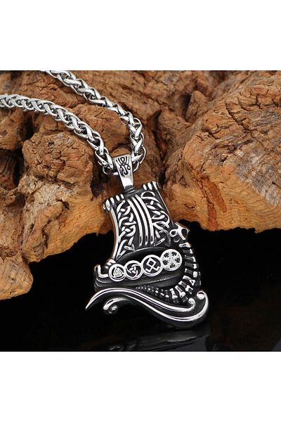 Viking Ship Nordic Mythology 316L Stainless Steel Mesh Chain Necklace