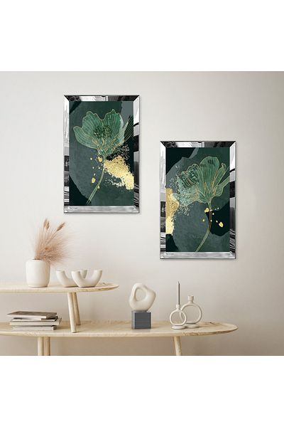 Zevahir Mobilya Dekorasyon SET DE TABLĂ MDF DUALĂ ROSE ABSTRACTE VERDE CU CADRU DE PLEXY CU OZNĂ DE ARGINT
