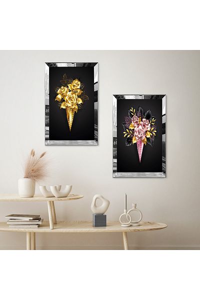Zevahir Mobilya Dekorasyon BUCHET DE TRANDAFIRI AURII SI ROZI CU CADRU DE PLEXY CU Oglinda SILVER FOND NEGRU SET DE MASA MDF BINAR