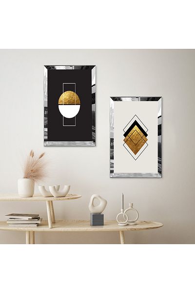 Zevahir Mobilya Dekorasyon SET DE TABLĂ MDF BINAR CU CADRU DE PLEXY CU OZAR DE ARGINTI, FOND NEGRU, FORME ABSTRACTE MODERNE