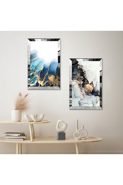 Zevahir Mobilya Dekorasyon SET DE MASA MODERN BILATERAL MDF ALBASTRU SEA WAVES CU CADRU DE PLEXY CU OGLINDA SILVER