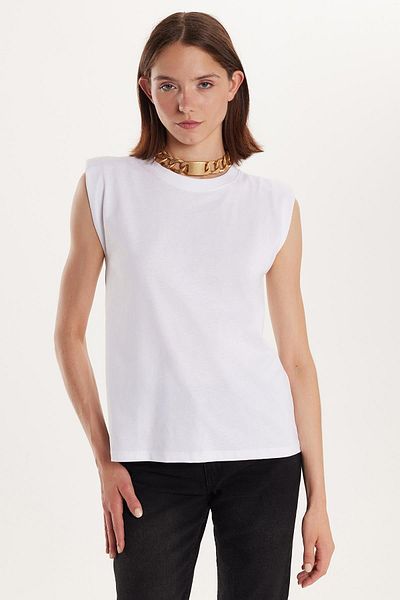 Tudors Tricou alb pentru femei Relax Fit, cu croială relaxată, cu mâneci zero, cu decolteu