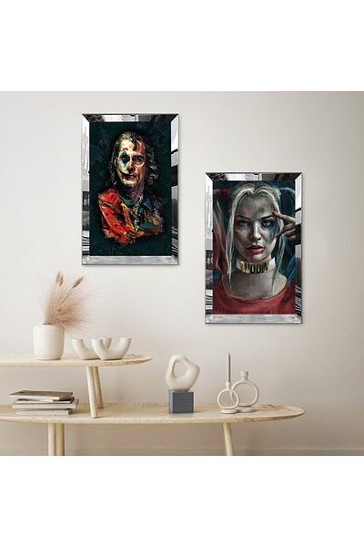 Zevahir Mobilya Dekorasyon SET DE TABLĂ MDF DUAL JOKER ȘI HARLEY QUIN CU CADRU DE PLEXY CU OZNĂ DE ARGINTI Fundal negru