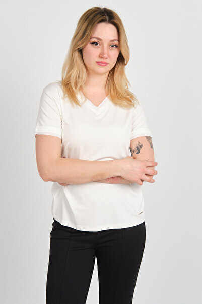 Sistas Women's Collar and Sleeves Tulle Detailed Short Sleeve Blouse 24101 Ecru