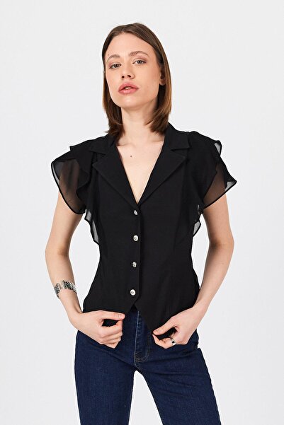 Rays Μαύρο σιφόν μανίκι με λεπτομέρεια βολάν μπλούζα με κουμπιά 9477