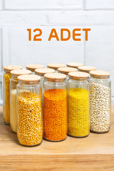 Roslina 12'li Çizgili Cam Kavanoz Saklama Seti Vakum Kapaklı Büyük Boy Erzak ...