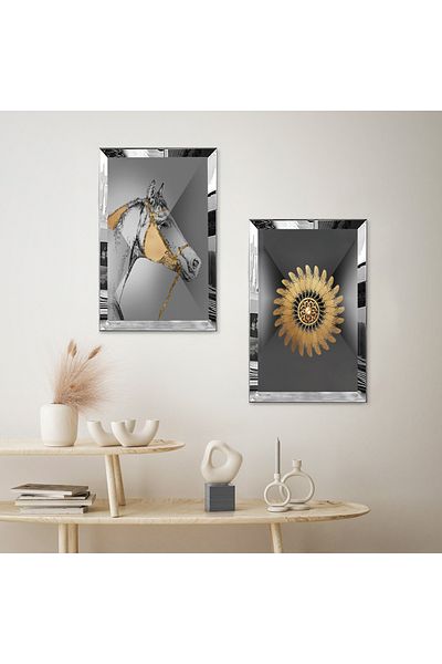 Zevahir Mobilya Dekorasyon SET DE MASA DECORATIVĂ CĂLUȚĂ DUBĂ MDF CU CADRU DE PLEXY CU OZNĂ DE ARGINTI, FOND DE GRI, MODEL DE AUR