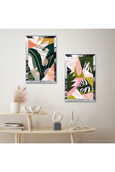 Zevahir Mobilya Dekorasyon FLORI ABSTRACTE VERDE CULORI CU CADRU DE PLEXY CU OGLINDA ARGINTIE FOND ALB SET DE TABLĂ MDF DUAL