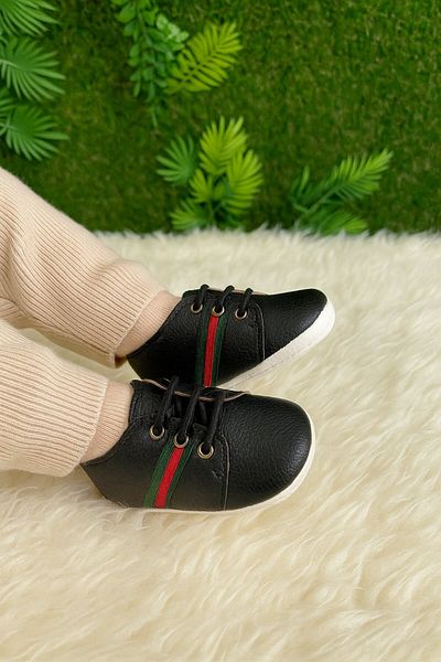 Jaju Baby Black Baby Boy Shoes - Side Stripes and Laces