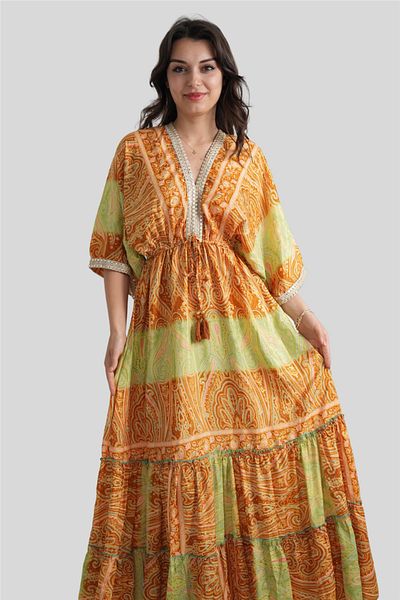 Miss Boheme Yellow Front Back V Neck Sequin Detailed Silk Dress