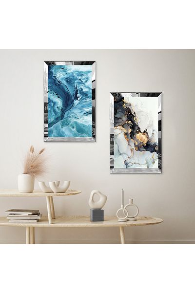 Zevahir Mobilya Dekorasyon SET DE MASA MDF DUBLA BLUE SEA WAVES CU CADRU DE PLEXY CU Oglinda SILVER