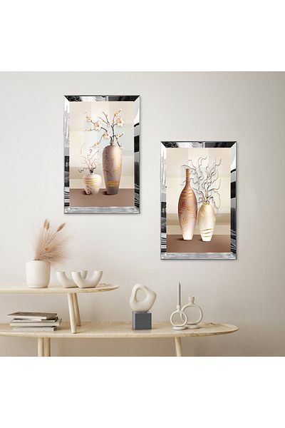 Zevahir Mobilya Dekorasyon VAZĂ DECORATIVĂ DE CULOARE CREAM CU CADRU DE PLEXY CU OGLINDĂ DE SILVER SET DE MASA MDF DUAL