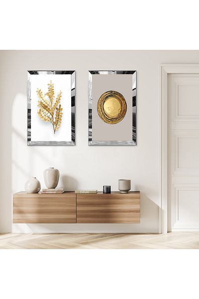 Zevahir Mobilya Dekorasyon SET DE MASA MDF DUBLA FLOARE AURIE CU CADRU DE PLEXY CU OGLINDA ARGINTIE FOND ALB GRI