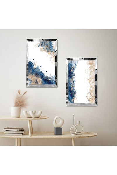 Zevahir Mobilya Dekorasyon SET DE PENTRU TABLĂ MDF BINARĂ CU CADRU DE PLEXY CU OGLINDĂ ARGINTĂ FOND ALB FORME ALBE DECORATIVE ABSTRACTE