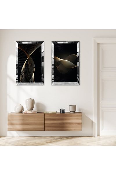 Zevahir Mobilya Dekorasyon SET DE TABLĂ MDF DUALĂ CU FORME ABSTRACTE AURII CU CADRU DE PLEXY CU OZNĂ DE ARGINTI Fundal negru
