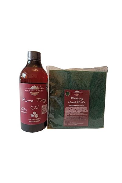 woodworker Kit intretinere mobilier lemn, Prep’N Shine-Pure Tung Oil & Hand Pad’s Medium Abrasive verde, 500 ml