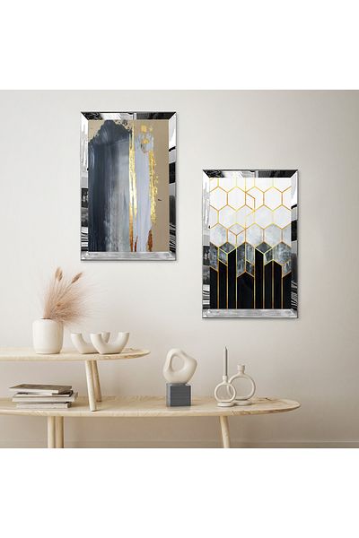 Zevahir Mobilya Dekorasyon SET DE MASA DECORATIVA BILATERALA MDF CU MODELE ABSTRACTE CULORI CU CADRU DE PLEXY CU OGLINDA DE ARGINT