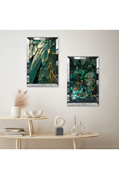 Zevahir Mobilya Dekorasyon SET DE MASA MDF DUBLA CU FRUNZE MODERNE VERDE CU CADRU DE PLEXY CU Oglinda SILVER