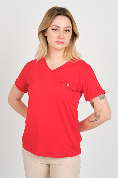Sistas Women's Short Sleeve Ornamental Pocket Detailed Double Sleeve Blouse 4110 Red